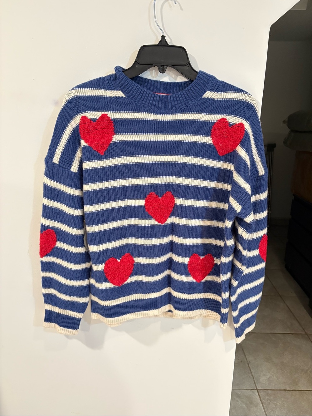 Boden Navy & White Striped Crewneck Sweater with Red Heart Motifs